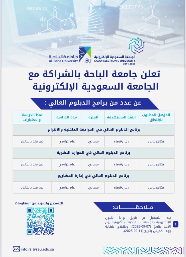 الجامعة السعودية الإلكترونية وجامعة الباحة تفتحان القبول لبرامج الدبلوم (عن بعد)