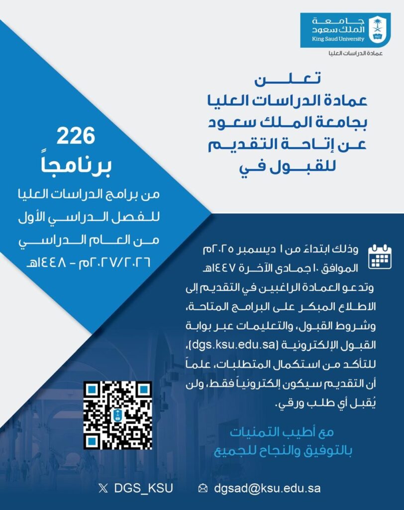 جامعة الملك سعود تعلن 226 برنامج دراسات عليا